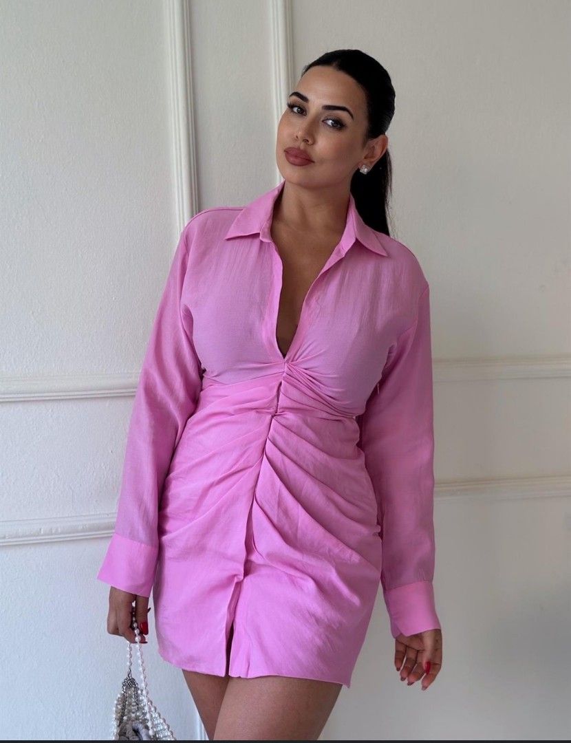 Zara pink linen drape longsleeve dressfree sfee, Women's Fashion, Dresses  & Sets, Dresses on Carousell
