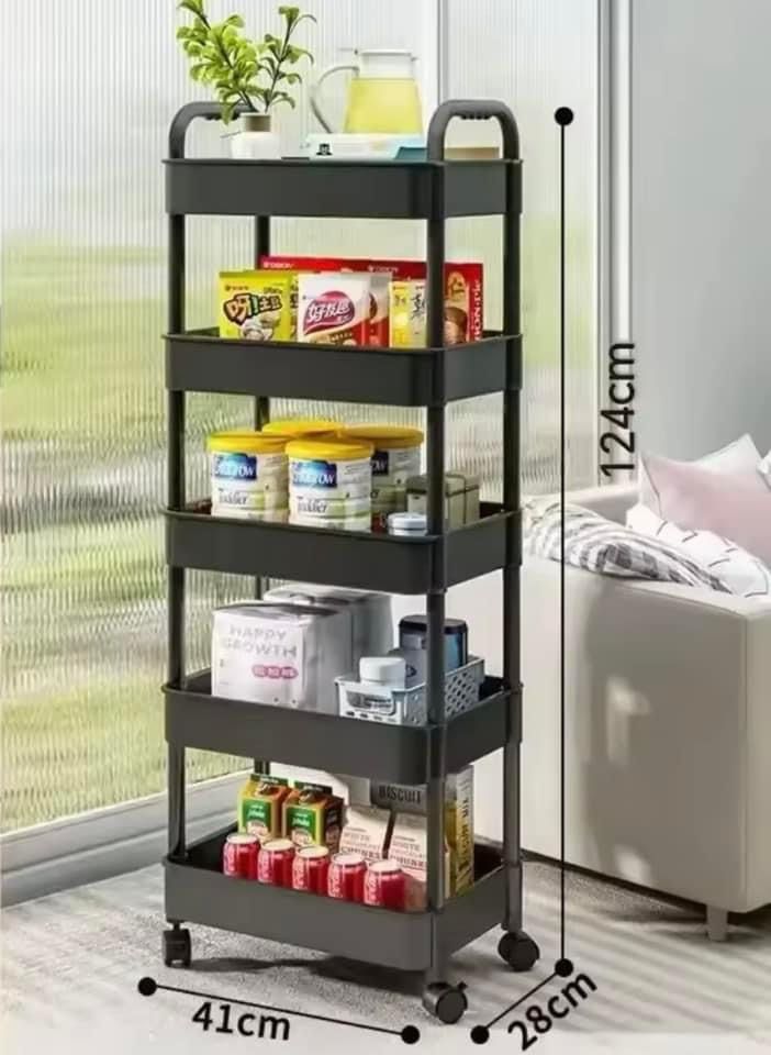 5 tier plastic shelf (Category: Home & Furniture) located in Mississauga. Submitted by closetpurge515 (Listing ID 1325279268, Image 1). Description: 5 tier plastic shelf New (put together but too high for my space) 360 wheels Height approximately 124cm, length approximately 41cm, width approximately 28cm $25 All sales are final no refunds or exchanges Pickup only .