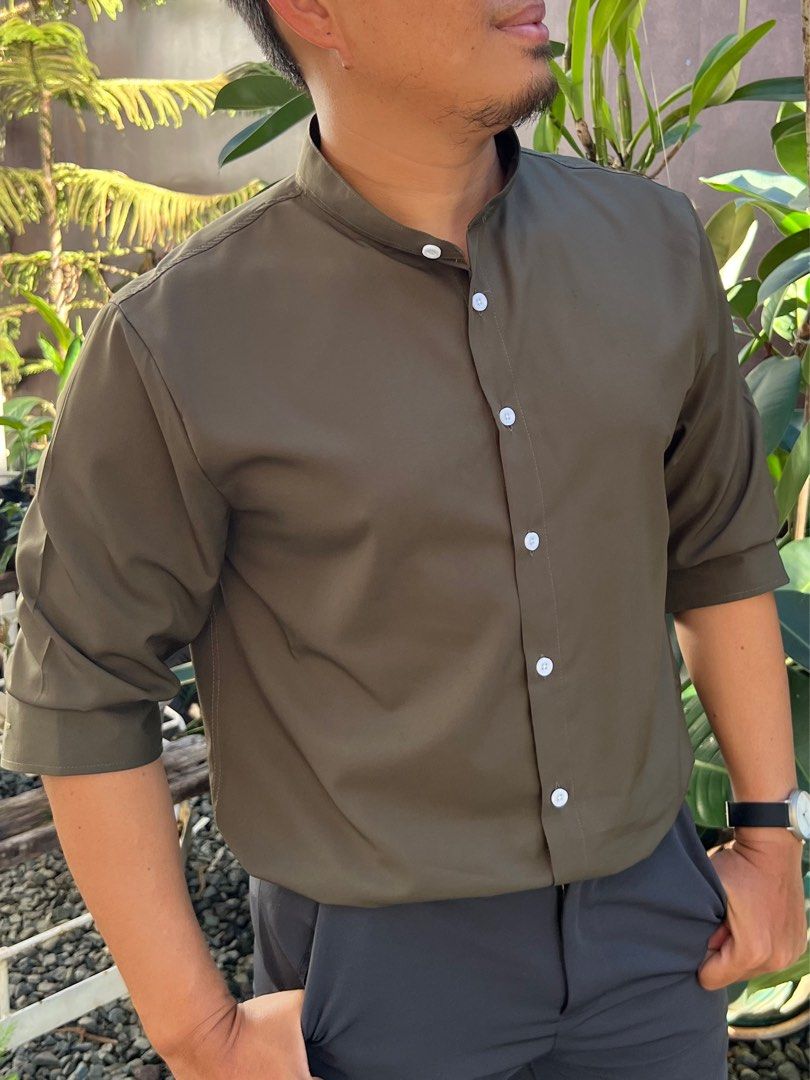 Army green polo chinese collar (Category: Formal Shirts) located in Quezon City. Submitted by preciousk (Listing ID 1325141980, Image 2). Description: size small but it runs big. check photos for size reference .