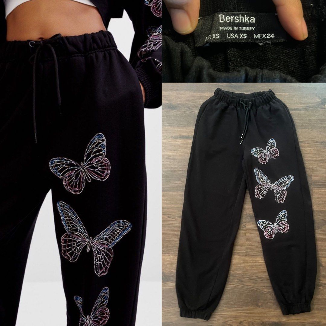 Bershka Rhinestones Butterfly Joggers Sweat Pants Black Bottoms Diamonds