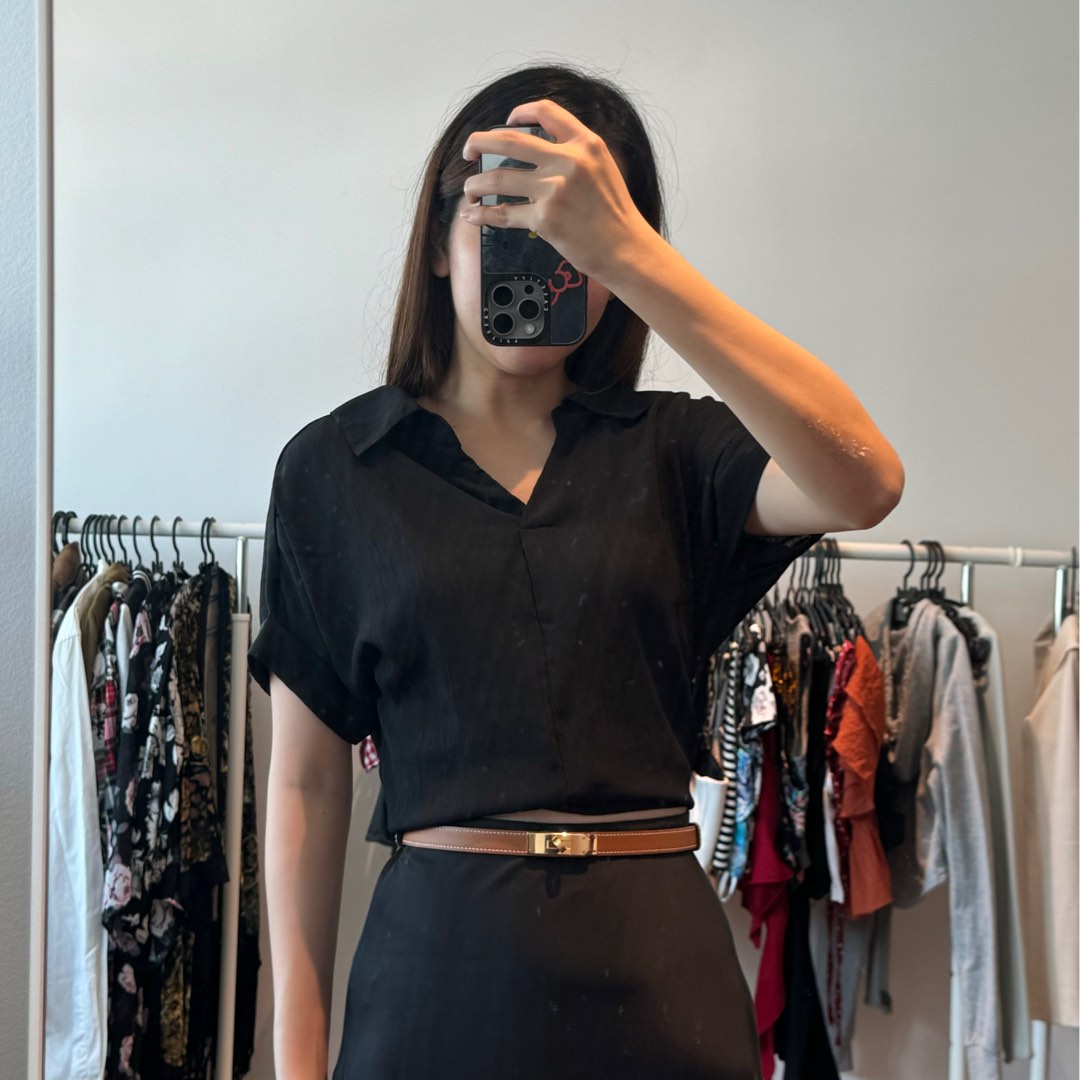 Women's Black Solid Shirt Collar Top