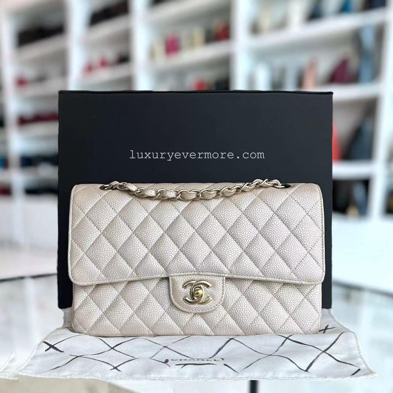 Chanel Medium Caviar Classic Flap Quilted Grained Calfskin Iridescent Beige Gold Golden Hardware Series 16 Luxury Bags Wallets on Carousell