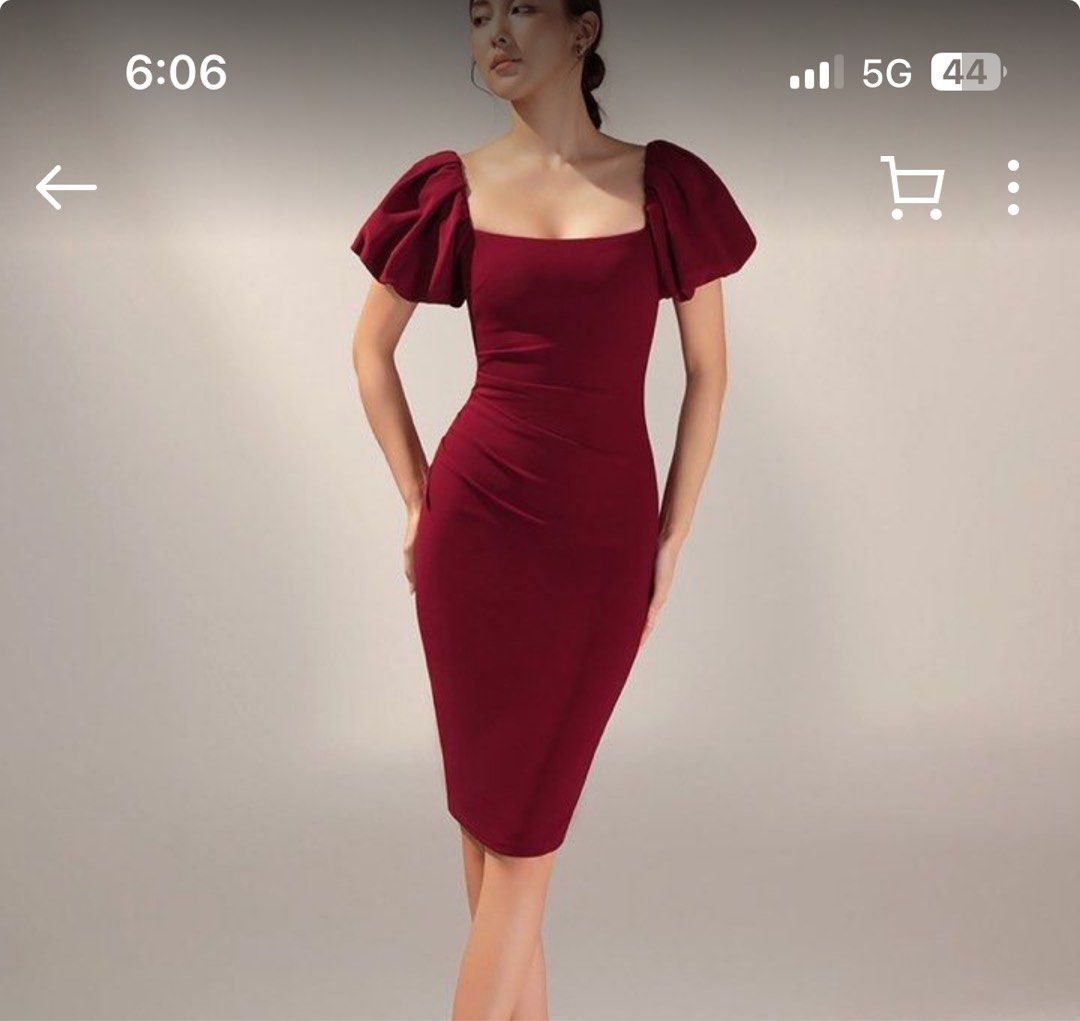 CHELLO Calista Puffy sleeved Midi Dress in Wine red n Emerald