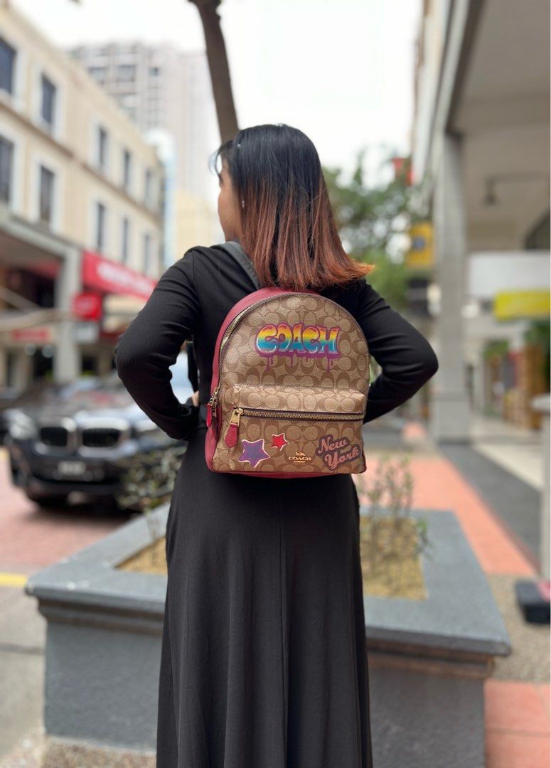 Authentic COACH Medium Charlie Backpack In Signature Canvas With Graffiti