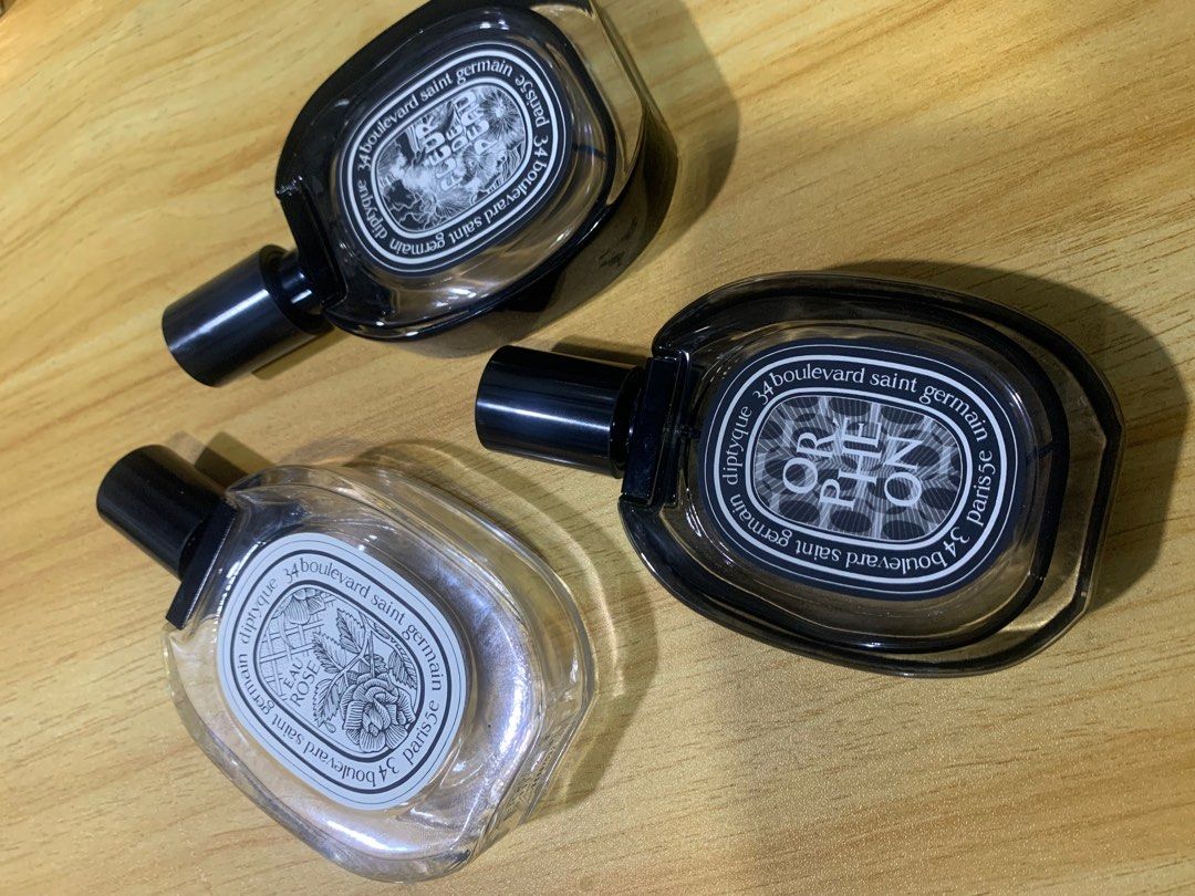 Empty Niche Perfume Bottles (Category: Fragrance & Deodorants) located in Caloocan City. Submitted by djcee (Listing ID 1325272478, Image 2). Description: P350 each ✅Available-Diptyque Perfumes w/ box: ✅AvailableEau Rose EDT ❌Sold- Orpheon EDP ❌Sold- Fleur De Peau EDP Gcash Buyer’s Shipping Bottles and boxes are in pristine condition. These are only good for aesthetic display purposes or collection. No more scent remains in the bottle or on its a