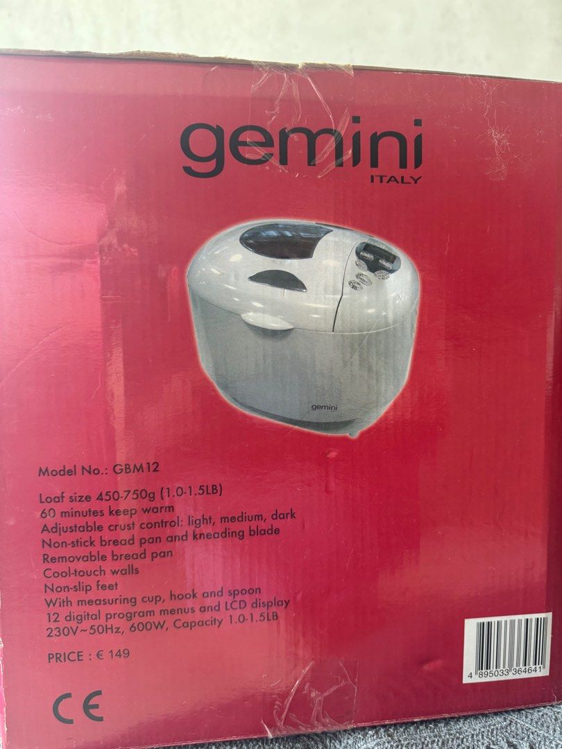 Gemini Bread Maker （分類：麵包機）位於 Hong Kong。 由 snowball13913 提交（商品編號 1325154902，圖片 2）。簡介： Made in Italy. Bread new with unopened box. 。