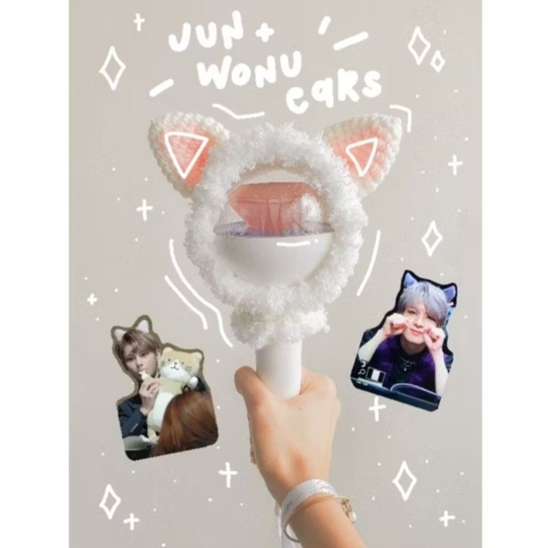 Jun Wonu Cat Lightstick Hoodie Cover (Category: Coats, Jackets and Outerwear) located in Manila. Submitted by jenkto (Listing ID 1325272029, Image 1). Description: Dress up your precious light sticks with these customizable crochet hoodies! Handmade using high quality milk cotton yarn. These ultra soft hoodies will protect your light sticks from scratches. Chat me up if you want it in diff colors or designs! inst@gr@m: crochetlatte.