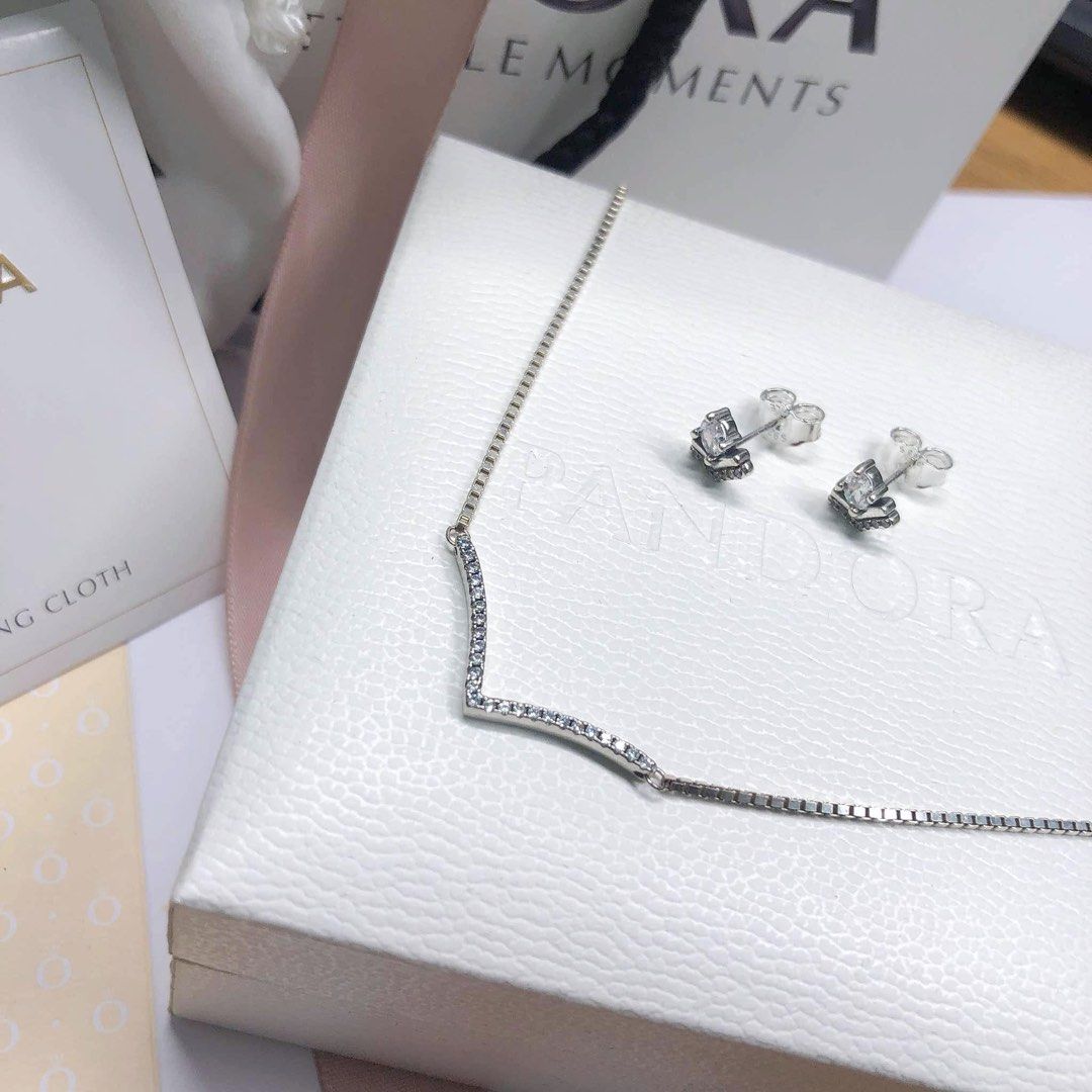SALE Pandora Sparkling Wishbone Necklace earrings set Women s Fashion Jewelry Organizers Necklaces on Carousell