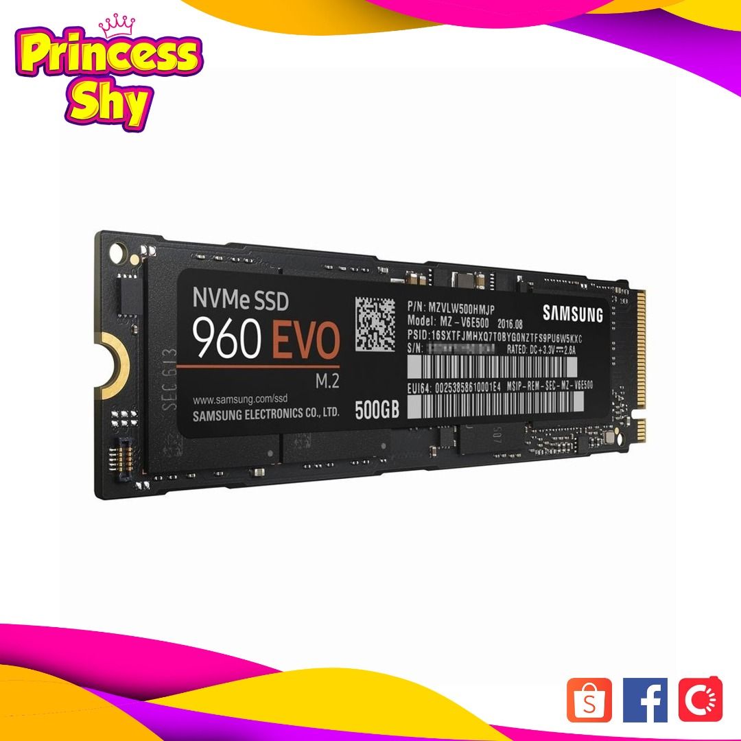 Samsung 960 EVO 500GB M.2 2280 Solid State Drive SSD MZ-V6E500B (Category: Computer Parts) located in Mandaluyong City. Submitted by princessshyph (Listing ID 166180404, Image 1). Description: Storage Capacity: 500 GB. Form Factor: NVMe M.2. Sequential Read: 3,200MB/s. Sequential Write: 1,800MB/s. Interface: PCIe 3.0 x4, NVMe 1.2..
