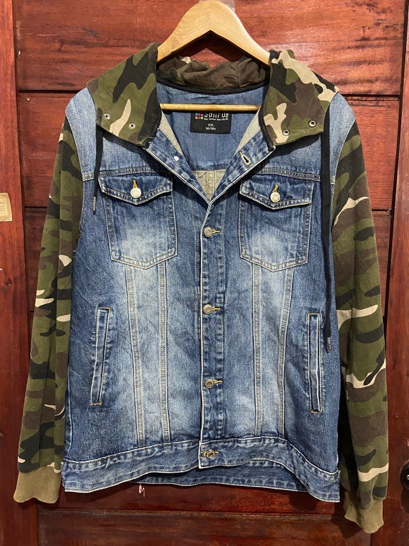 Sanfu Camouflage Sleeves Denim Jacket With Hood Men s Fashion Coats Jackets and Outerwear on Carousell
