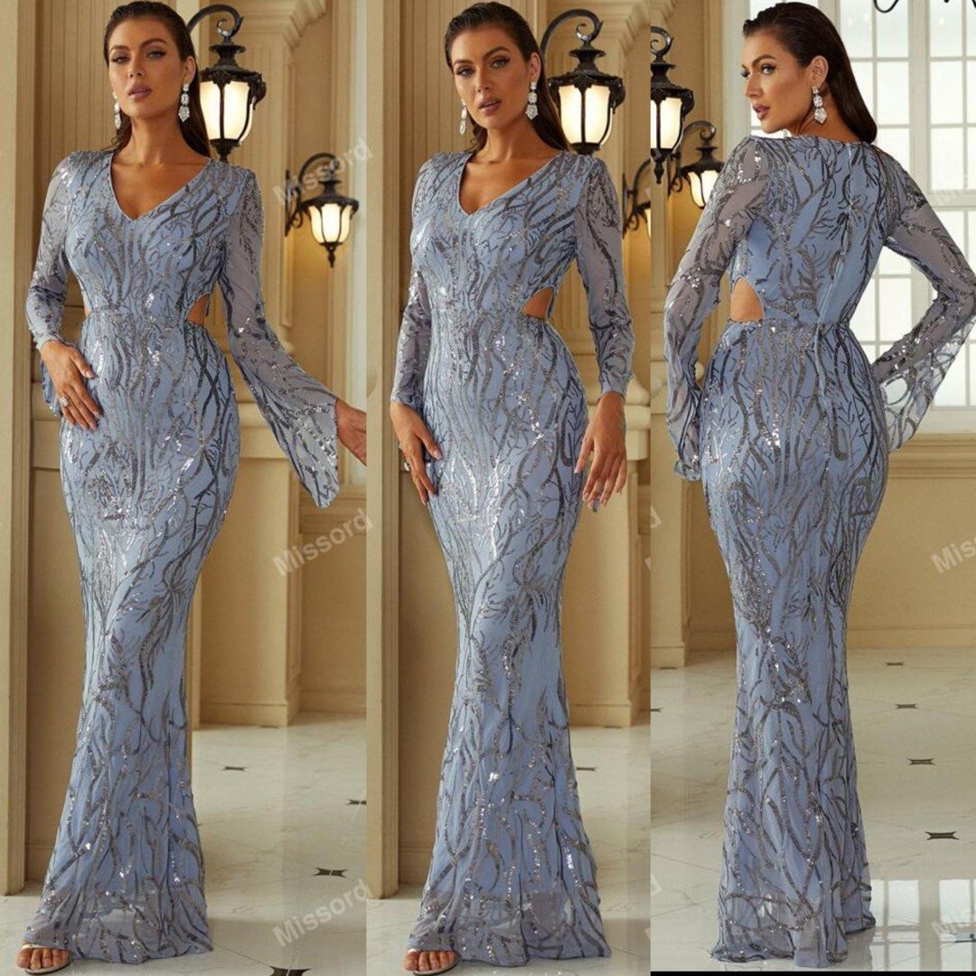 royal blue evening dress long sleeve Glamorous Long Royal Blue A-line Glittery Satin Prom Dress with High S –  Newinlook main image 1