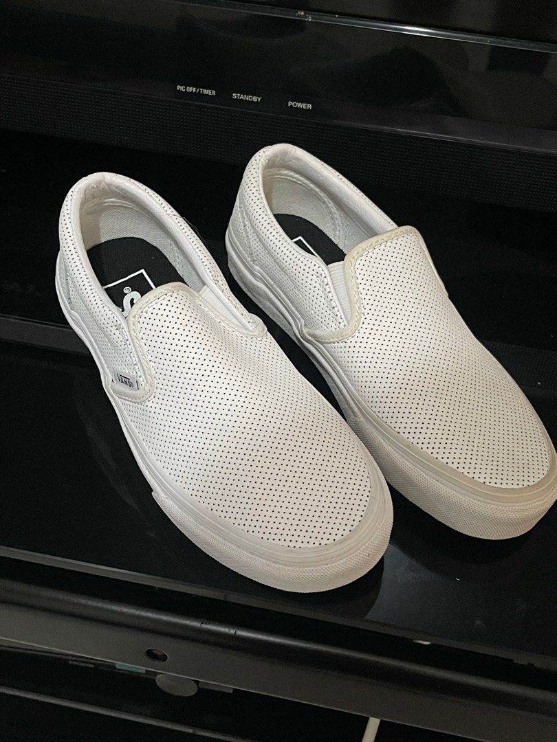 White perf leather slip on vans cheap