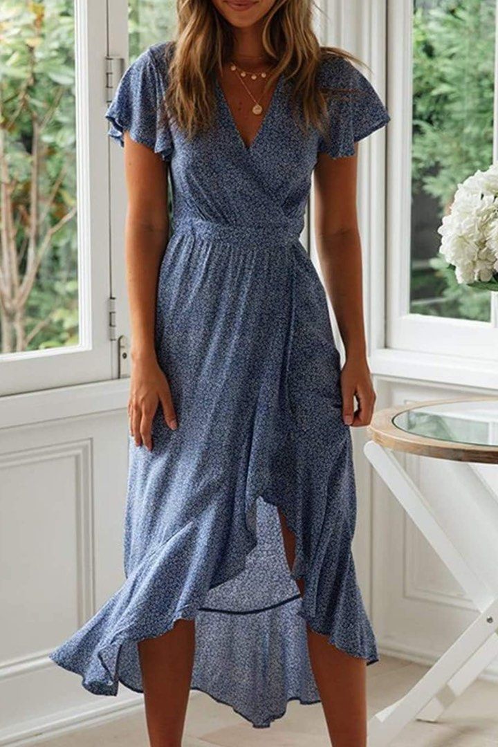 Zesica Blue Floral Bohemian Floral Printed Wrap V Neck Short