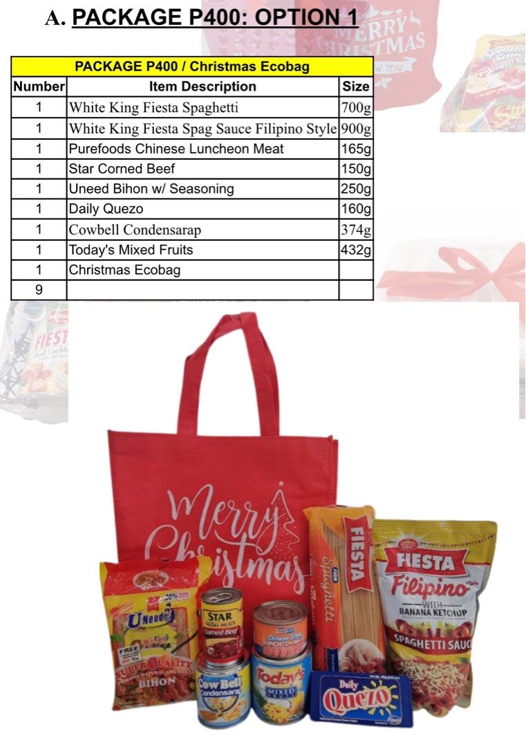 2024 XMAS GROCERY PACKAGES (Category: Gift Baskets & Hampers) located in Manila. Submitted by franciscojof (Listing ID 1325432905, Image 1). Description: From my Company, WCSI: XMAS SEASON IS COMING! Interested to offer , quote and serve your coming Xmas needs for your employees, clients, suppliers, families and for product bundles. Please see again our Attached. 2024 Christmas Packages: =AVAILABLE IN P400, P500 , P800, P1,000, P1,500 and P2,000 