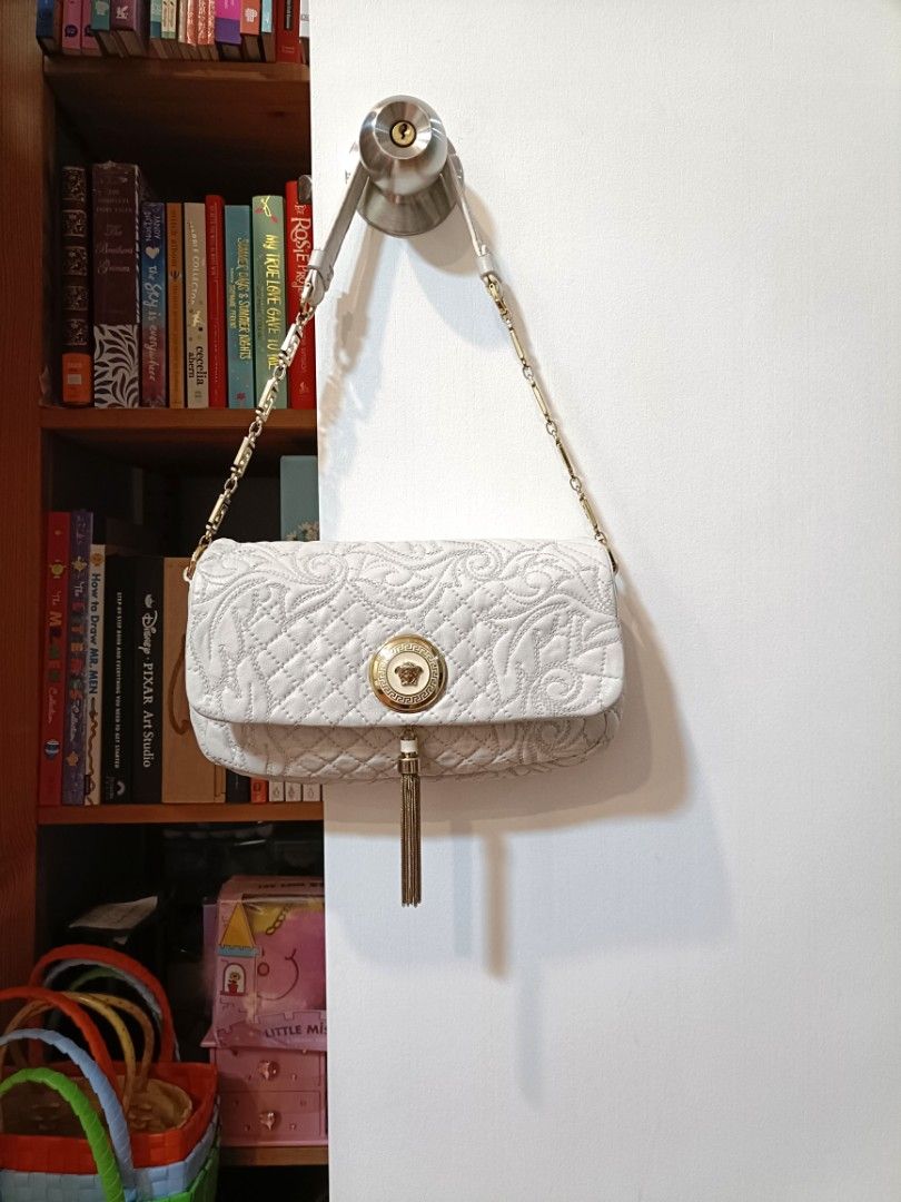Versace authentic Nappa Barocco Quilted Calliope Vanitas Medea cream white leather flap shoulder bag w gold hardware chain and tassel COMES W DUSTBAG Luxury Bags Wallets on Carousell