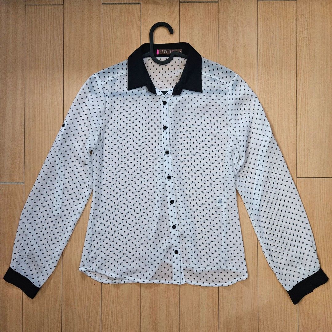 Collared Chiffon Long Sleeves - Black/White Polkadots (Category: Longsleeves) located in Calamba. Submitted by de.cluttierph (Listing ID 1325356416, Image 1). Description: for corpo/office attire.