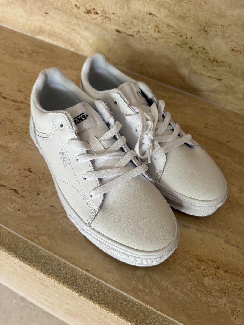 FREE MAILING size 5.5 brand new van all white vans leather shoes school shoes Women s Fashion Footwear Sneakers on Carousell