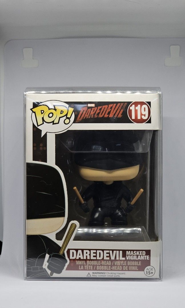 Funko Pop! Marvel - #119 Daredevil Masked Vigilante (Category: Designer & Blind Box Toys) located in San Juan City. Submitted by moon897 (Listing ID 1325446738, Image 1). Description: Daredevil: Masked Vigilante Funko Pop! Pop! Vinyl, Pop! Marvel, #119 Released: 2016 Hobbydb / Poppriceguide: Estimated @ 50USD Comes with protector (0.5mm Hard Clear PET plastic - Acid Free).