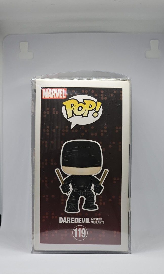 Funko Pop! Marvel - #119 Daredevil Masked Vigilante (Category: Designer & Blind Box Toys) located in San Juan City. Submitted by moon897 (Listing ID 1325446738, Image 3). Description: Daredevil: Masked Vigilante Funko Pop! Pop! Vinyl, Pop! Marvel, #119 Released: 2016 Hobbydb / Poppriceguide: Estimated @ 50USD Comes with protector (0.5mm Hard Clear PET plastic - Acid Free).