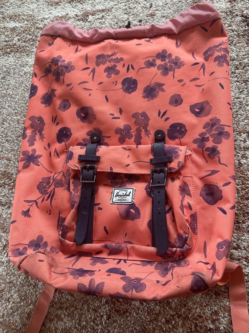 HERSHEL LARGE BACKPACK ORIGINAL (Category: Backpacks) located in Mandaluyong City. Submitted by advikgaba (Listing ID 1325313061, Image 3). Description: - **Brand**: Herschel 🎒 - **Model**: XL-sized backpack, perfect for travel or daily use ✈️🚌 - **Original Price**: Around ₹8,000 💰 - **Condition**: Pre-owned but in **good condition** 👍 - **Exterior**: Vibrant reddish-orange with maroon floral patterns 🌸🍂 - **Straps**: Black leather-like str