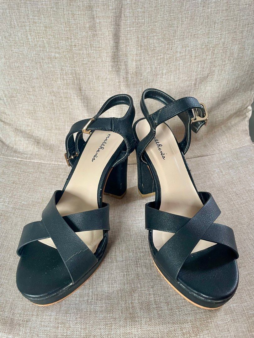 MATTHEWS MIKAELA HEEL SANDALS with flaws (Category: Heels) located in Naga. Submitted by Rveebee (Listing ID 1325354914, Image 3). Description: MATTHEWS MIKAELA HEEL SANDALS Condition: Used only once and just stored, thus already WITH FLAWS as seen on the actual photos Size: 36 Cross-strap heels with hook and buckle fastening Material: Synthetic leather Heel height (Inches): 3.8 inches Platform Height (Inches): 0.8.