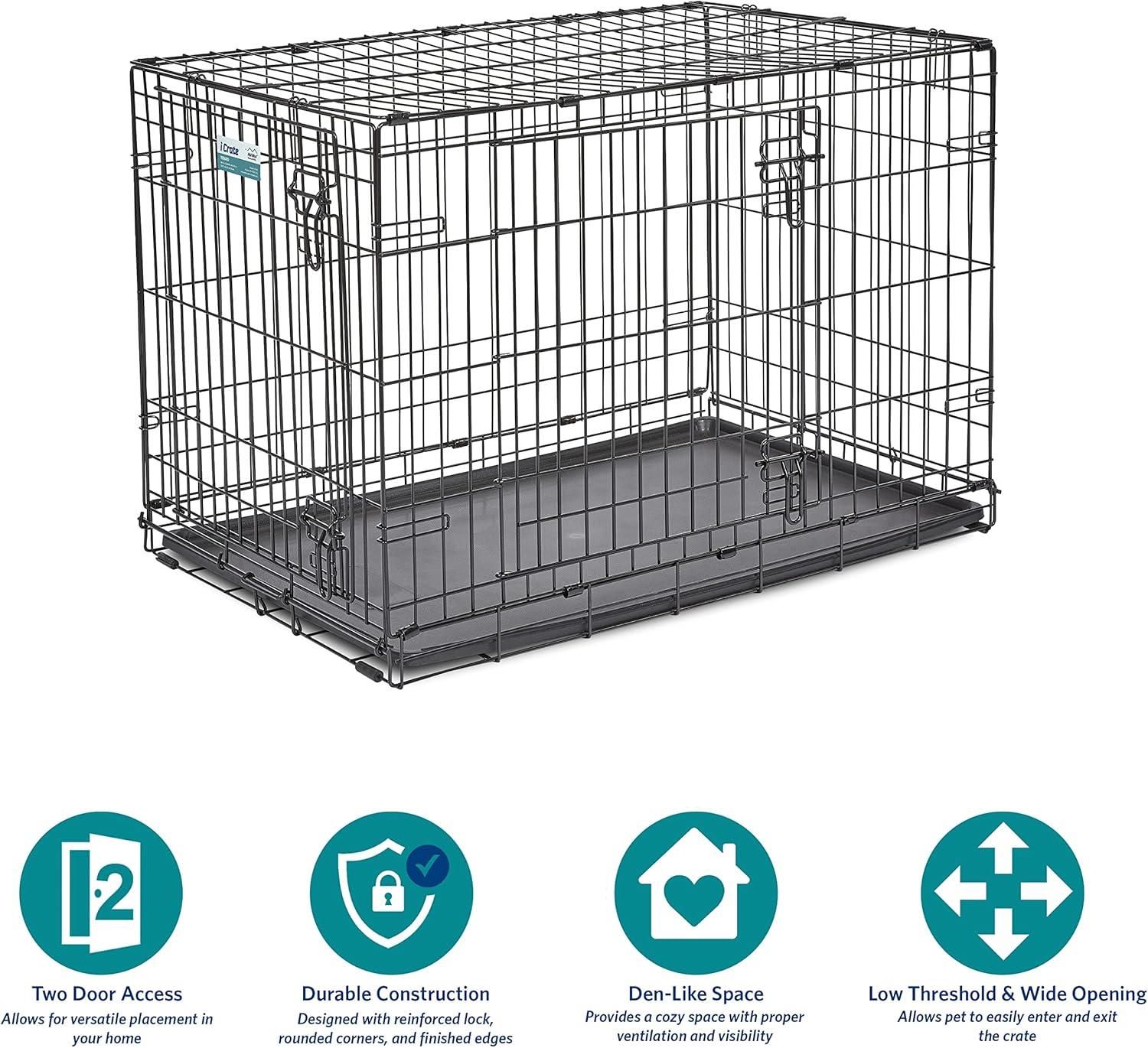 MidWest iCrate 36 Double Door Folding Metal Dog Crate w Divider Panel Floor Protecting Roller Feet
