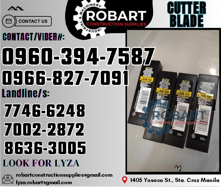 Olfa Cutter Blade (Category: Construction Tools & Equipment) located in Manila. Submitted by lyzarobart1999 (Listing ID 1325346434, Image 1). Description: Olfa Cutter Blade LBB-50 𝑹𝑶𝑩𝑨𝑹𝑻 𝑪𝑶𝑵𝑺𝑻𝑹𝑼𝑪𝑻𝑰𝑶𝑵 𝑺𝑼𝑷𝑷𝑳𝑰𝑬𝑺 𝒪𝒻𝒻𝒾𝒸𝑒 𝒜𝒹𝒹𝓇𝑒𝓈𝓈: 𝟣𝟦𝟢𝟧 𝒴𝓊𝓈𝑒𝒸𝑜 𝒮𝓉. 𝒮𝓉𝒶 𝒞𝓇𝓊𝓏 𝑀𝒶𝓃𝒾𝓁𝒶 ꜱᴇɴᴅ ᴜꜱ ᴍᴇꜱꜱᴀɢᴇ ꜰᴏʀ ɪɴQᴜɪʀɪᴇꜱ ‼️ ‼️ ɢʟᴏʙᴇ: (0966-827-7091) ꜱᴍʀᴛ - (0960-394-7587) ᴠɪʙʀ - (0960-394-7587) ʟᴀɴᴅʟɪɴᴇ: (8636-ʟᴏᴏᴋ ꜰᴏʀ