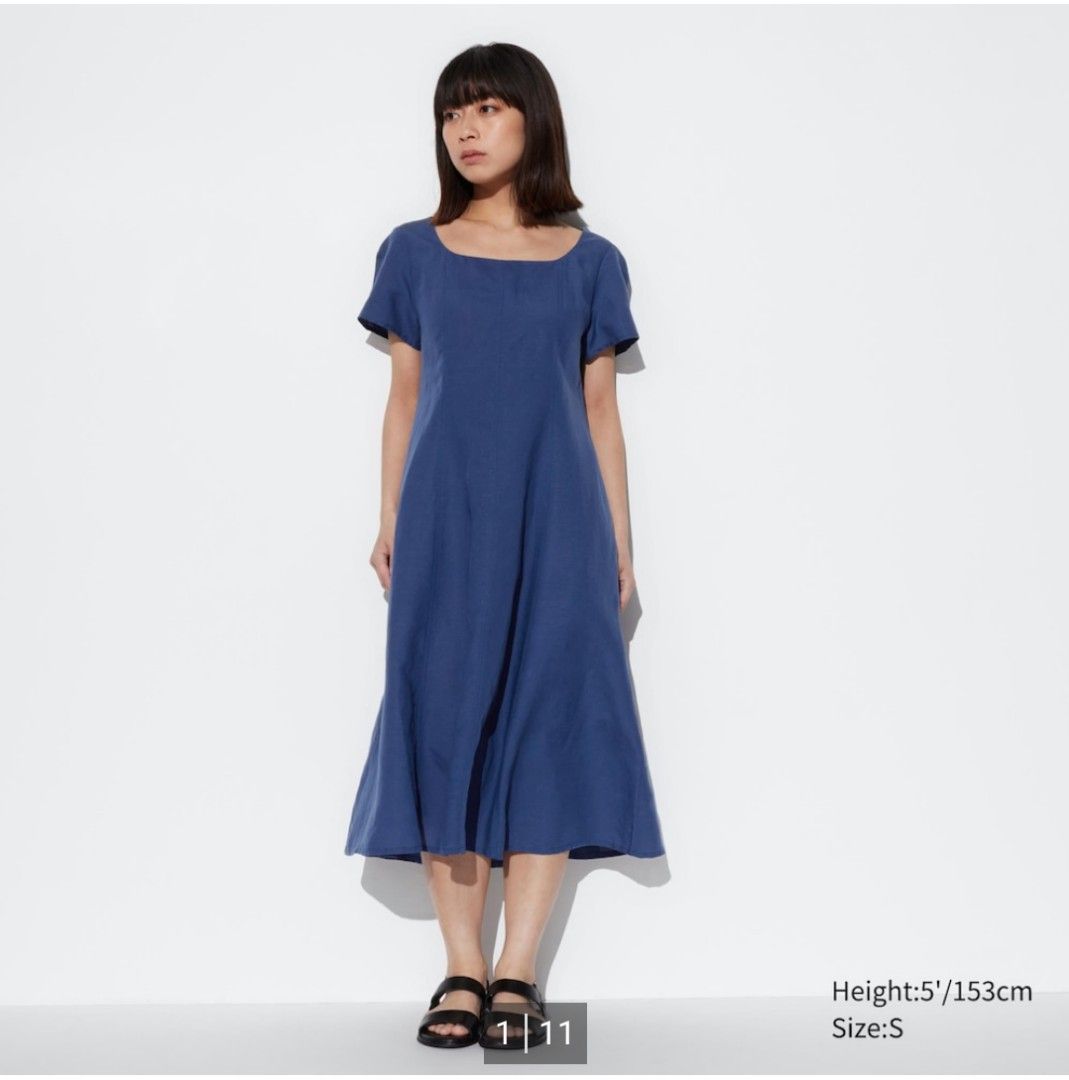 LF: Uniqlo square neck linen blend short sleeve dress, Looking For on  Carousell