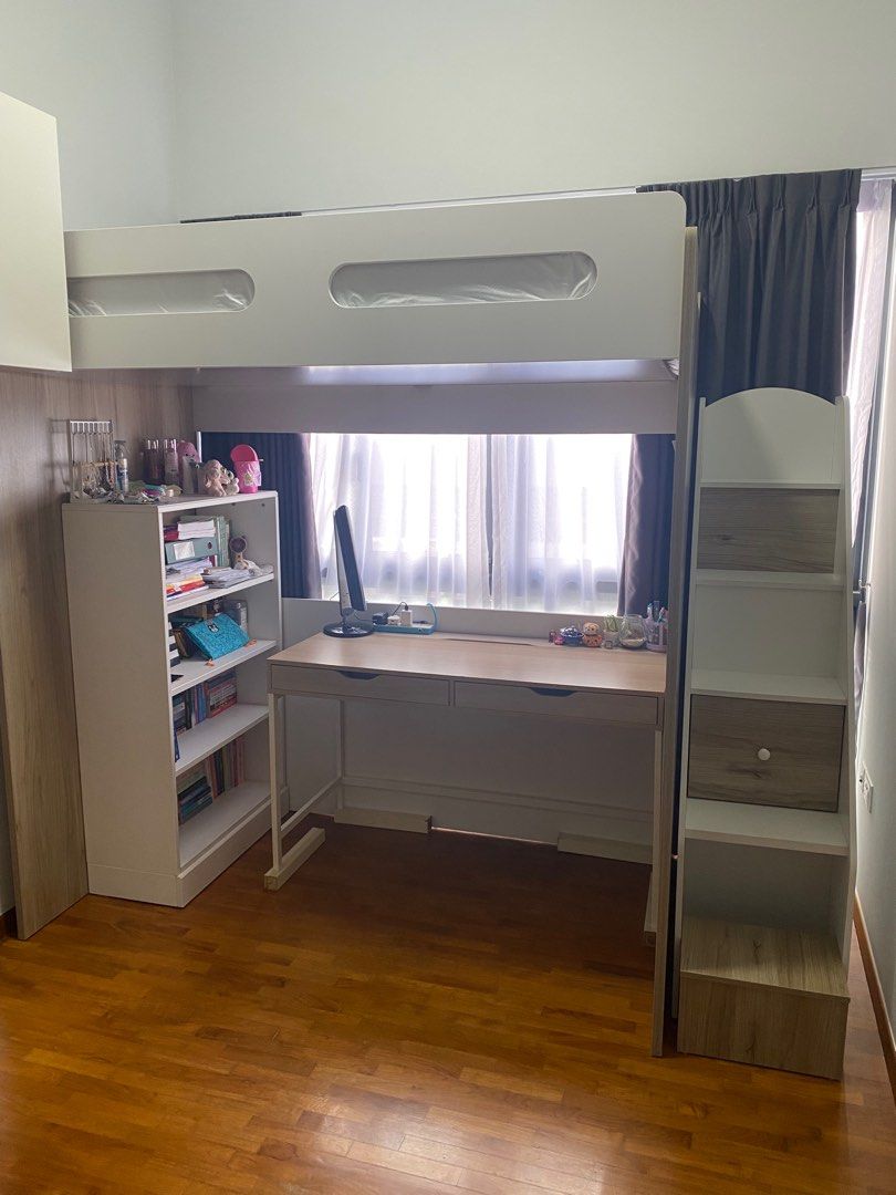 Upper Deck Bed Frame (Category: Bed Frames & Mattresses) located in Singapore. Submitted by kylo_ren17 (Listing ID 1325125680, Image 2). Description: A loft bed frame for SUPER SINGLE size mattress. Good height for tall person. Inclusive a stable staircase with storage space. Spacious bottom to accommodate study table, book shelves & chair etc. Good quality material for durability. Easy to assemble. Item already disassembled, wrapped and packed. 