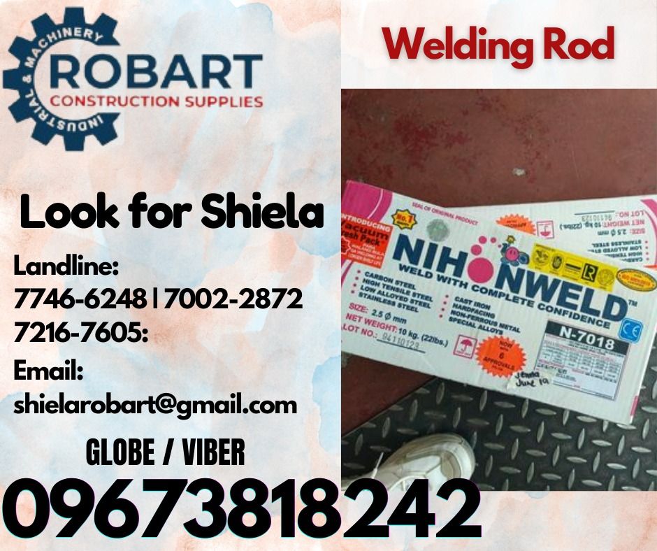 Welding Rod (Category: Construction Tools & Equipment) located in Caloocan City. Submitted by shielaroba44709 (Listing ID 1325322751, Image 1). Description: Welding Rod brand: NIHONWELD 7018 2.5mm 𝑹𝑶𝑩𝑨𝑹𝑻 𝑪𝑶𝑵𝑺𝑻𝑹𝑼𝑪𝑻𝑰𝑶𝑵 𝑺𝑼𝑷𝑷𝑳𝑰𝑬𝑺 Office Address: 1405 Yuseco St. Sta Cruz Manila SEND US MESSAGE FOR INQUIRIES ‼️ ‼️ Call: 09673818242 / 09662708845 Vibr - (09673818242) Landline: (𝟩𝟩𝟦𝟨-𝟨𝟤𝟦𝟪) / (𝟩𝟢𝟢𝟤-𝟤𝟪𝟩𝟤) / (𝟩𝟤𝟣
