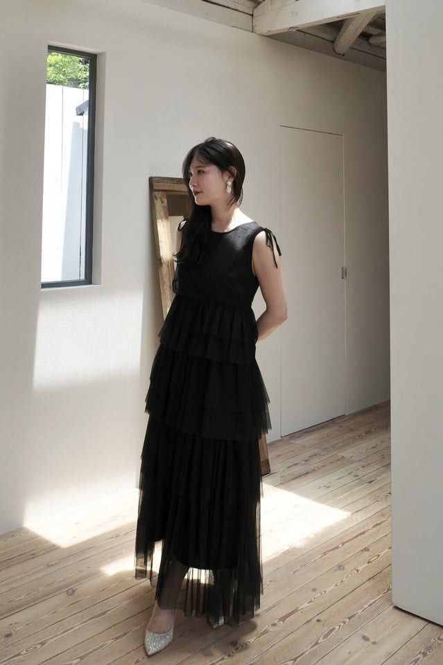 Acka Tiered Tulle Cami One-piece 黑色分層薄紗連衣裙, 女裝, 連身裙 