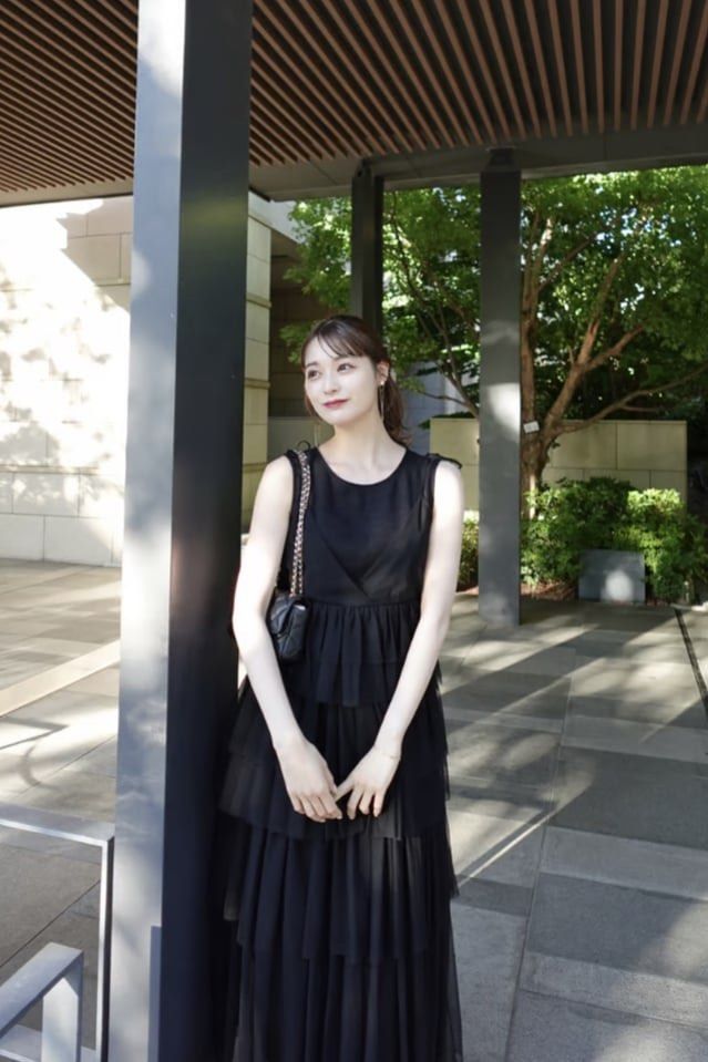 Acka Tiered Tulle Cami One-piece 黑色分層薄紗連衣裙, 女裝, 連身裙 
