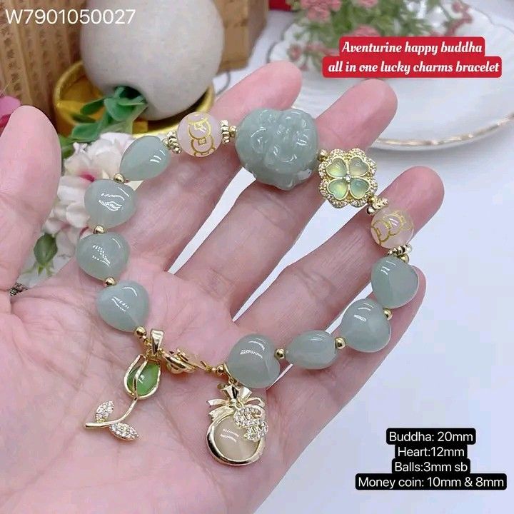 Aventurine happy buddha bracelet (Category: Bracelets) located in Manila. Submitted by delynonlineshopping_ (Listing ID 1325524864, Image 2). Description: New new 💥💥💥 🌈happy buddha aventurine all in one lucky charms bracelet🌈 💎meaning: to attract wealth health,gambling luck, bring good fortune and good luck, power protection, anti-negative and evil, happiness and harmony life ✅quality: 👉authentic aventurine , white agate, 👉clover,tulip, m