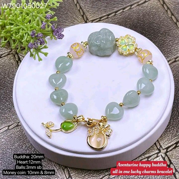 Aventurine happy buddha bracelet (Category: Bracelets) located in Manila. Submitted by delynonlineshopping_ (Listing ID 1325524864, Image 3). Description: New new 💥💥💥 🌈happy buddha aventurine all in one lucky charms bracelet🌈 💎meaning: to attract wealth health,gambling luck, bring good fortune and good luck, power protection, anti-negative and evil, happiness and harmony life ✅quality: 👉authentic aventurine , white agate, 👉clover,tulip, m