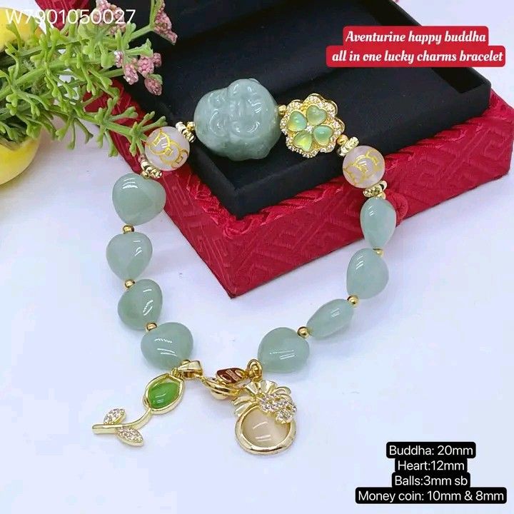 Aventurine happy buddha bracelet (Category: Bracelets) located in Manila. Submitted by delynonlineshopping_ (Listing ID 1325524864, Image 1). Description: New new 💥💥💥 🌈happy buddha aventurine all in one lucky charms bracelet🌈 💎meaning: to attract wealth health,gambling luck, bring good fortune and good luck, power protection, anti-negative and evil, happiness and harmony life ✅quality: 👉authentic aventurine , white agate, 👉clover,tulip, m