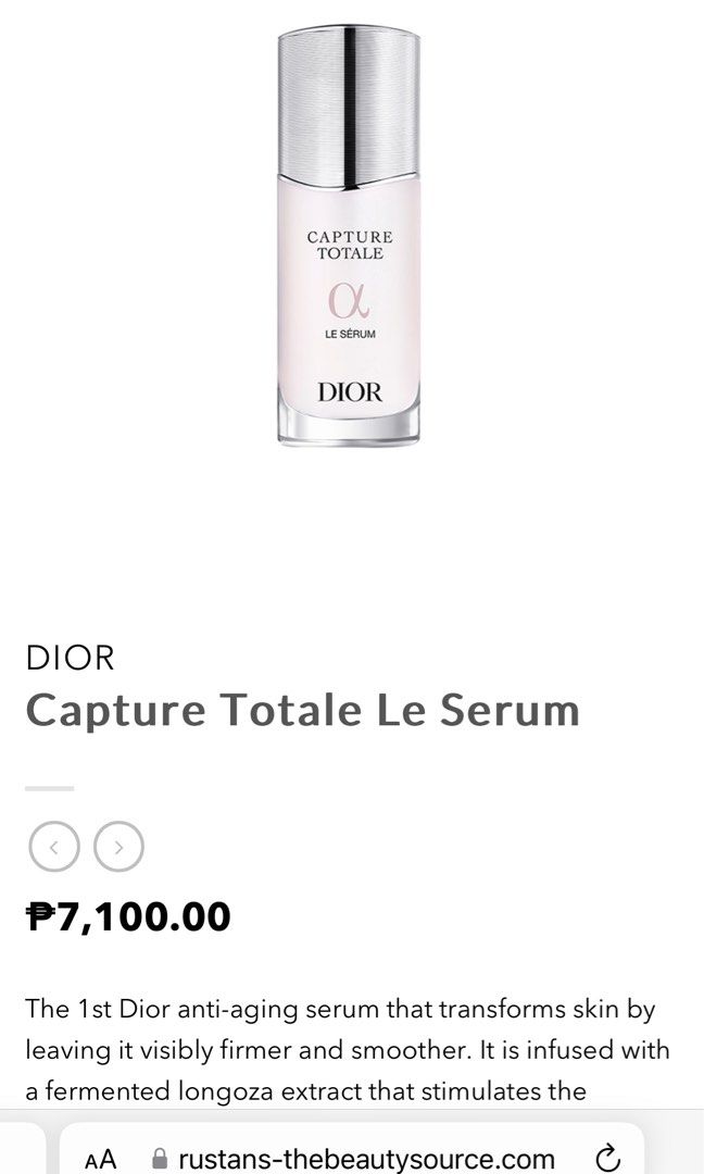 DIOR Capture Totale Le Serum 30ml (Category: Face Care) located in Pasig City. Submitted by declutterrrsale (Listing ID 1325463229, Image 3). Description: Brand new, selling way below srp. Can give further discount if you're getting other items.