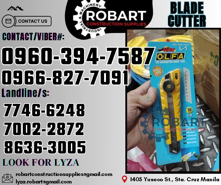 Olfa Blade Cutter Heavy Duty (Category: Construction Tools & Equipment) located in Manila. Submitted by lyzarobart11 (Listing ID 1325469789, Image 1). Description: Olfa Blade Cutter Heavy Duty Model: L-1 𝑹𝑶𝑩𝑨𝑹𝑻 𝑪𝑶𝑵𝑺𝑻𝑹𝑼𝑪𝑻𝑰𝑶𝑵 𝑺𝑼𝑷𝑷𝑳𝑰𝑬𝑺 𝒪𝒻𝒻𝒾𝒸𝑒 𝒜𝒹𝒹𝓇𝑒𝓈𝓈: 𝟣𝟦𝟢𝟧 𝒴𝓊𝓈𝑒𝒸𝑜 𝒮𝓉. 𝒮𝓉𝒶 𝒞𝓇𝓊𝓏 𝑀𝒶𝓃𝒾𝓁𝒶 ꜱᴇɴᴅ ᴜꜱ ᴍᴇꜱꜱᴀɢᴇ ꜰᴏʀ ɪɴQᴜɪʀɪᴇꜱ ‼️ ‼️ ɢʟᴏʙᴇ: (0966-827-7091) ꜱᴍʀᴛ - (0960-394-7587) ᴠɪʙʀ - (0960-394-7587) 