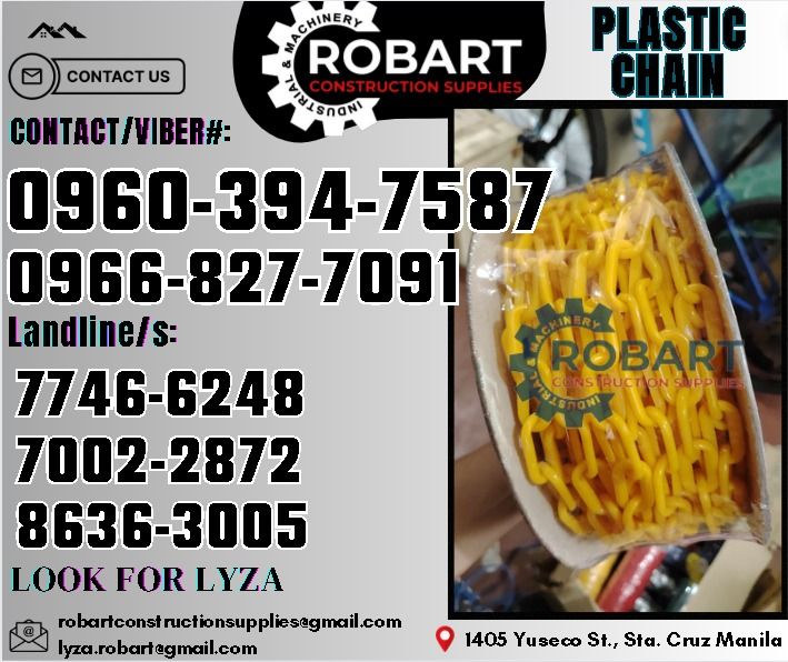Plastic Chain (Category: Construction Tools & Equipment) located in Manila. Submitted by lyzarobart11 (Listing ID 1325472824, Image 1). Description: Plastic Chain 6mm x 25mtrs Color: Yellow 𝑹𝑶𝑩𝑨𝑹𝑻 𝑪𝑶𝑵𝑺𝑻𝑹𝑼𝑪𝑻𝑰𝑶𝑵 𝑺𝑼𝑷𝑷𝑳𝑰𝑬𝑺 𝒪𝒻𝒻𝒾𝒸𝑒 𝒜𝒹𝒹𝓇𝑒𝓈𝓈: 𝟣𝟦𝟢𝟧 𝒴𝓊𝓈𝑒𝒸𝑜 𝒮𝓉. 𝒮𝓉𝒶 𝒞𝓇𝓊𝓏 𝑀𝒶𝓃𝒾𝓁𝒶 ꜱᴇɴᴅ ᴜꜱ ᴍᴇꜱꜱᴀɢᴇ ꜰᴏʀ ɪɴQᴜɪʀɪᴇꜱ ‼️ ‼️ ɢʟᴏʙᴇ: (0966-827-7091) ꜱᴍʀᴛ - (0960-394-7587) ᴠɪʙʀ - (0960-394-7587) ʟᴀɴᴅʟɪɴᴇ: (863