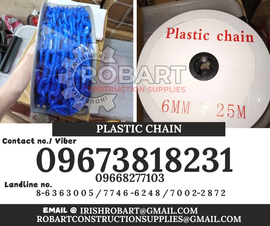 Plastic Chain (Category: Construction Tools & Equipment) located in Manila. Submitted by irishrobart_22 (Listing ID 1325474164, Image 1). Description: Plastic Chain 6mm x 25mtrs Color: Yellow SEND US MESSAGE FOR INQUIRIES ‼️‼️ LOOK FOR IRISH ROBART VBR : 0 9 6 7 3 8 1 8 2 3 1/ 0 9 6 7 3 8 1 8 2 3 4 LANDLINE 8-6 3 6 3 0 0 5 / 7 7 4 6 -6 2 4 / 7 0 0 2-2 8 7 2 GMAIL: I R I S H R O B A R T @ G M A I L . C O M Office Address: 1405 Yuseco St. Sta Cruz 
