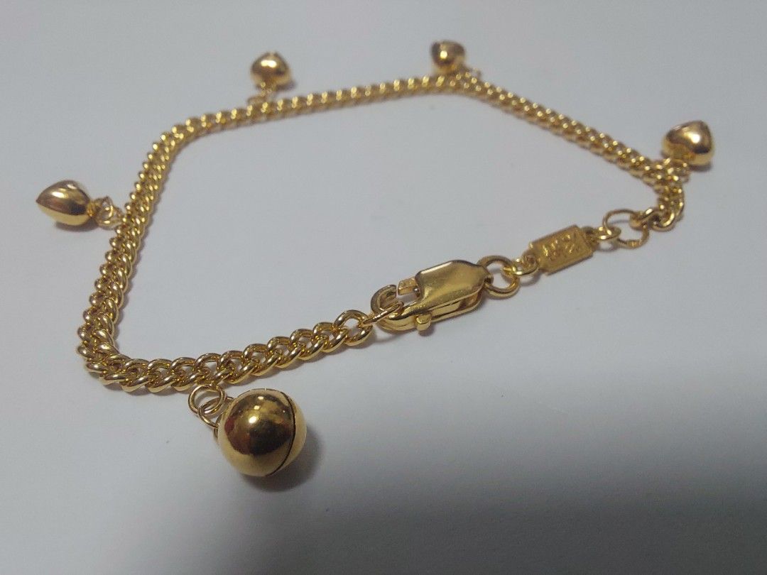 Poh Heng 916 Gold 2.5mm fish bone chain with 4x heart charm 1x bell Bracelet anklet 3.36g 14.6cm