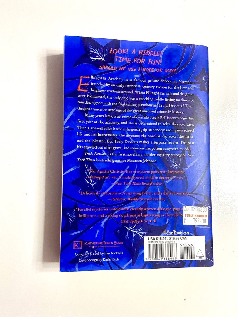 Truly Devious by Maureen Johnson (Category: Storybooks) located in Quezon City. Submitted by prjctdeclutter (Listing ID 1325610123, Image 2). Description: Mode of Payment: Gcash / BDO or Metrobank transfer Delivery fee will be shouldered by the buyer (Pick up in Quezon City).