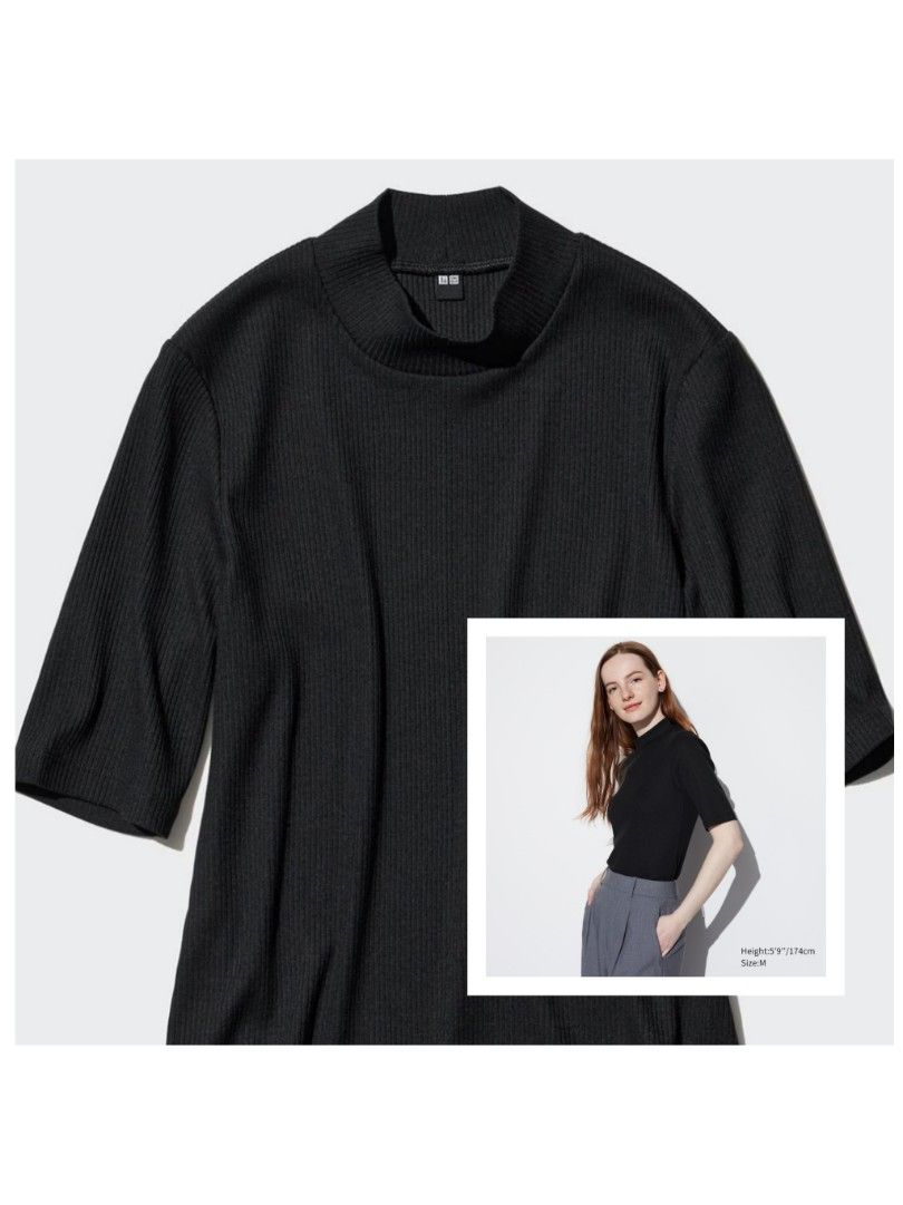 UNIQLO Ribbed High Neck Half Sleeve T shirt L Women s Fashion Tops Shirts on Carousell