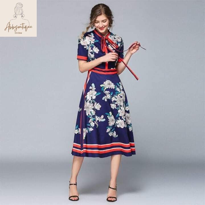 Women s Fashion Vintage Print Lapel Mid Waist Long Elegant Dress Women s Fashion Dresses Sets Dresses on Carousell