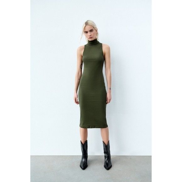green open shoulder dress ZARA. Green Ts knit dress – Hibuy market