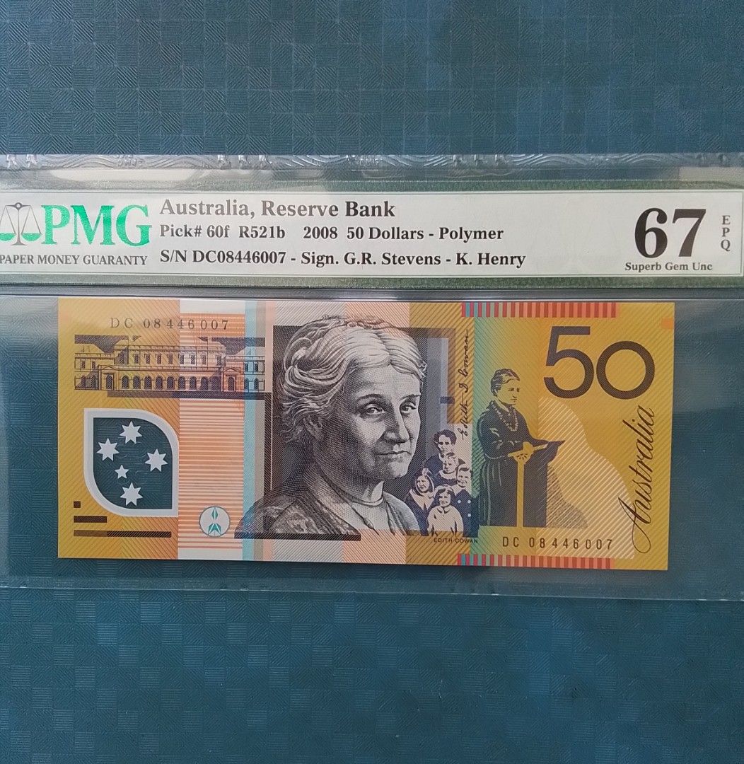 08年澳洲联邦銀行＄50 元，【塑膠鈔】PMG 67 EPQ 。, 興趣及遊戲, 收藏品及紀念品, 錢幣- Carousell