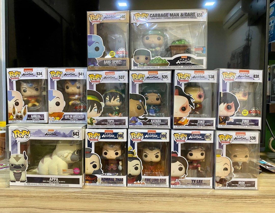 Avatar The Last Airbender Funko Pops (Category: Designer & Blind Box Toys) located in Quezon City. Submitted by any.every (Listing ID 1325752255, Image 1). Description: all in mint condition individual prices: Aang w/ Momo - SOLD Aang airscooter - SOLD Spirit Aang - SOLD Cabbage Man - 2700 Appa - SOLD Toph - SOLD Katara - SOLD Zuko - 700 Zuko GITD - SOLD Admiral Zhao - SOLD Ozai - SOLD Ty Lee - 400 Iroh - SOLD.