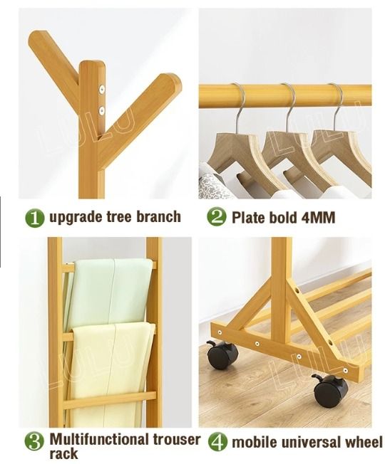 FREE SHIPPING!!!!!Bamboo Clothes Rack Rak Baju With Wheels Hat Coat