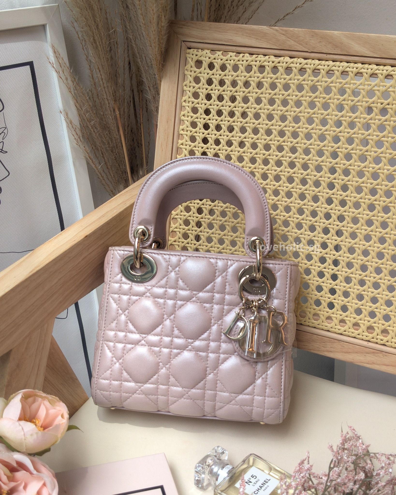 Dior Lady Dior Mini Pearlescent Lotus Pink Lambskin Light Gold