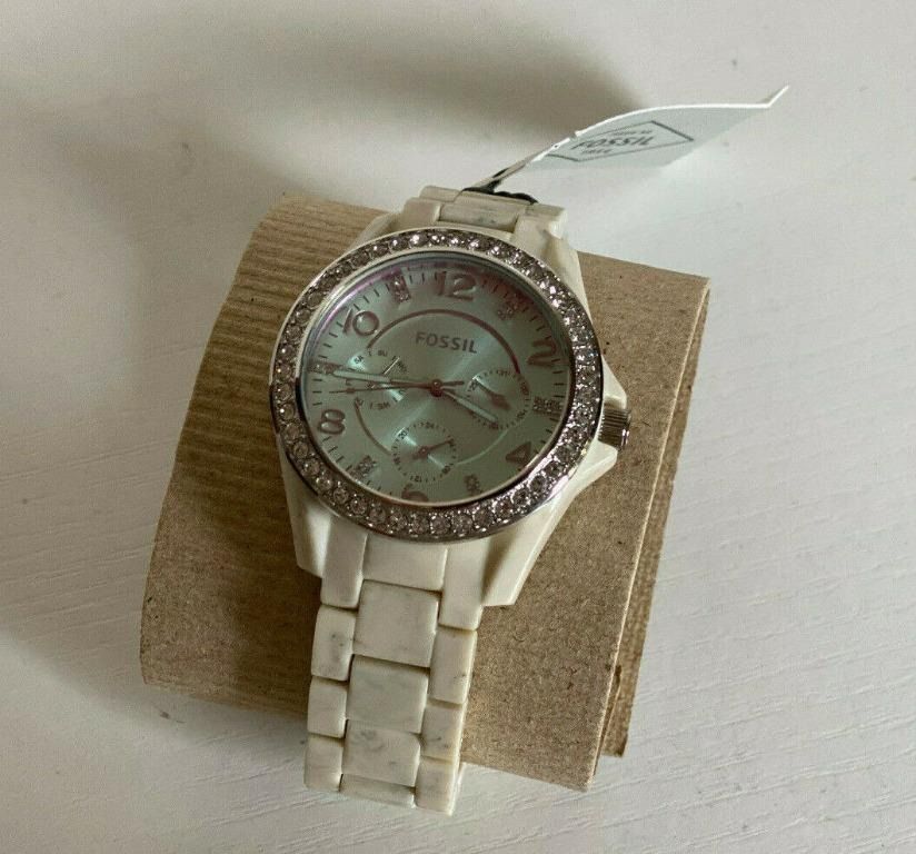 FOSSIL RILEY COLLECTION GREEN CRYSTAL DIAL WHITE ACETATE BRACELET WATCH ...