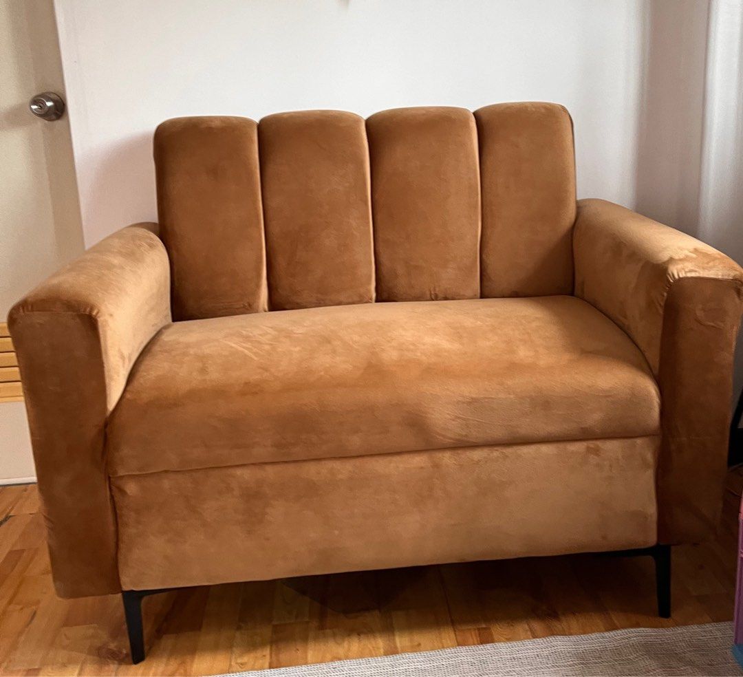 Light Brown Two Seater Scallop Sofa (Category: Sofas) located in Las Pinas. Submitted by abby_e_g (Listing ID 1313272388, Image 1). Description: Available 2 Seater Scallop Sofa L44 x W26 x H32 inches Velvet Light Brown Steel Legs Classic Uratex Foam Lalamove/Pick up by the buyer Gcash/ BT payment .